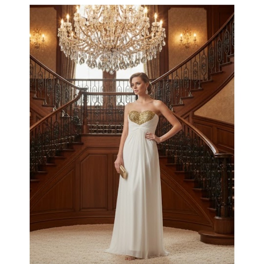 LA FEMME Vintage Prom Dress Gown White Gold 0- XS Y2K Beaded Heart  Designer